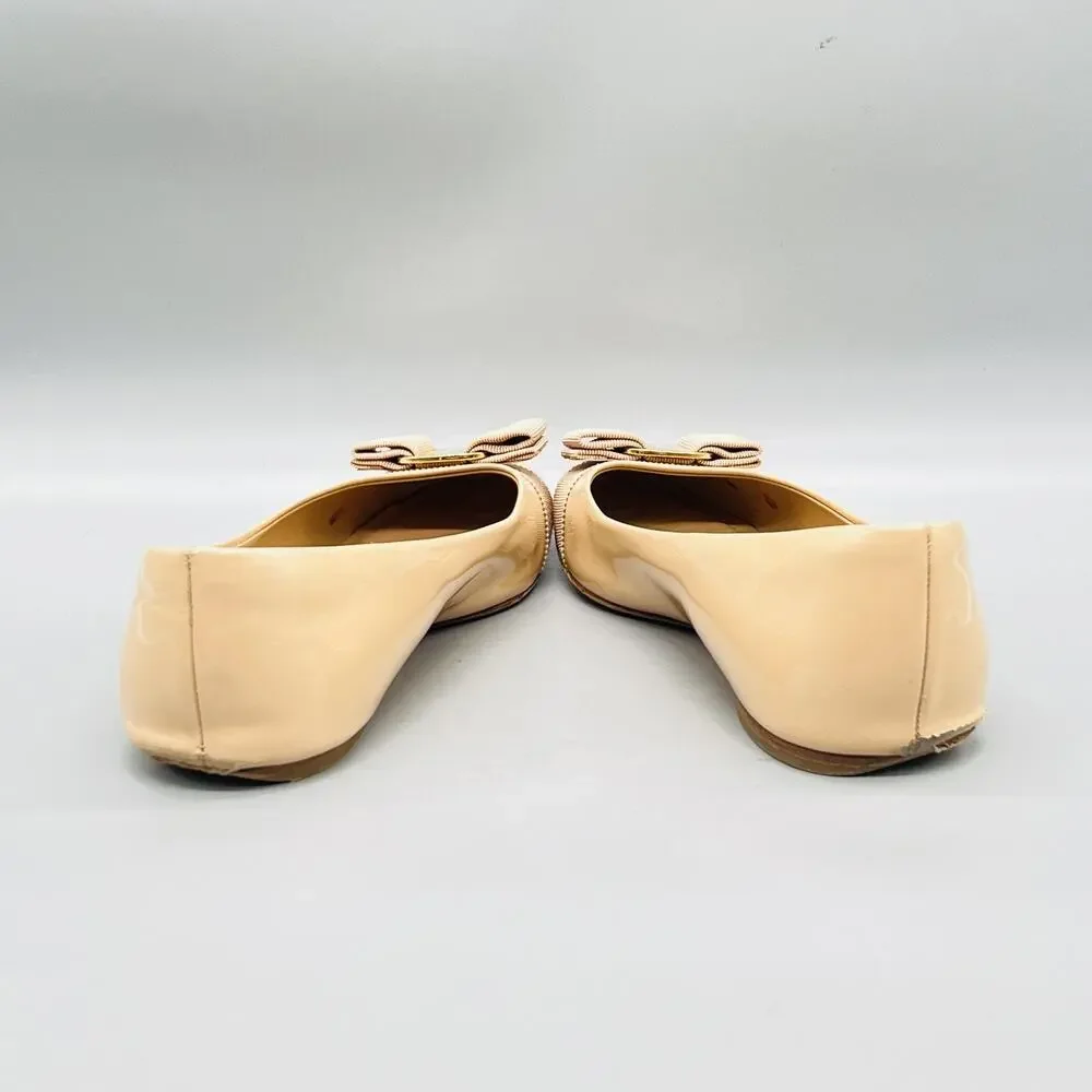 Salvatore Ferragamo Shoes Women 10 Beige Patent Leather Varina Ballet Flats Bow